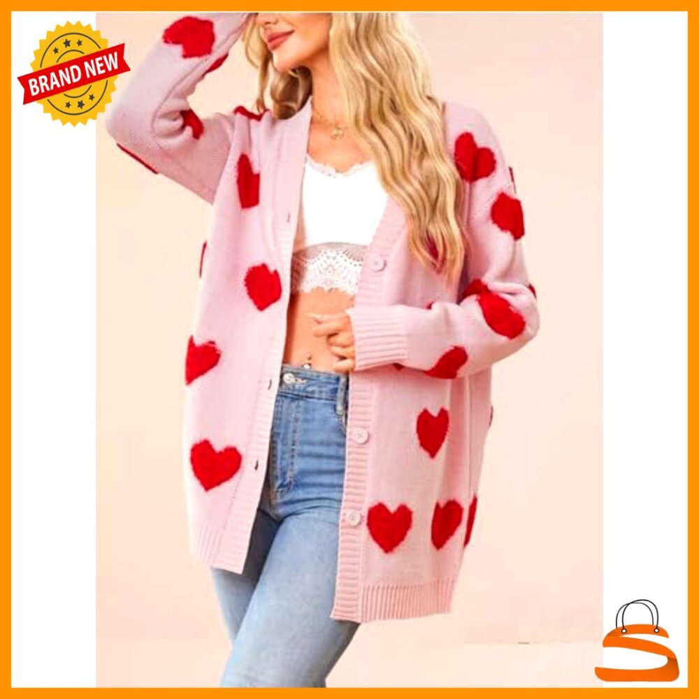 Oversized Cardigan Sweater Preppy Y2K Knit Button Up Heart Pattern Chic - Picture 5 of 7